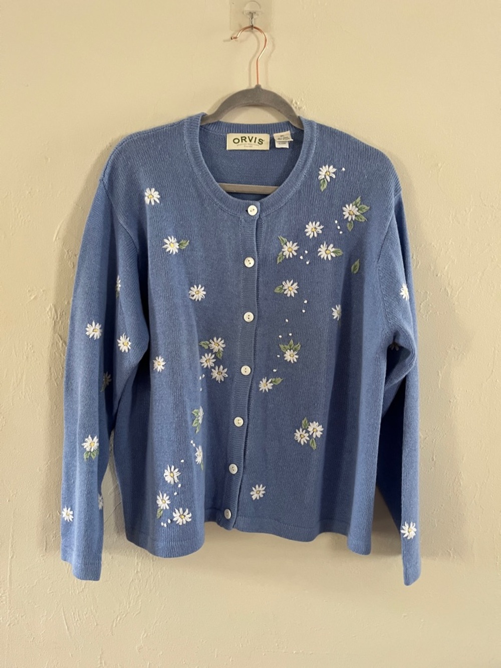 Orvis Blue Daisy-Embroidered Button Cardigan Ramie Cotton XL